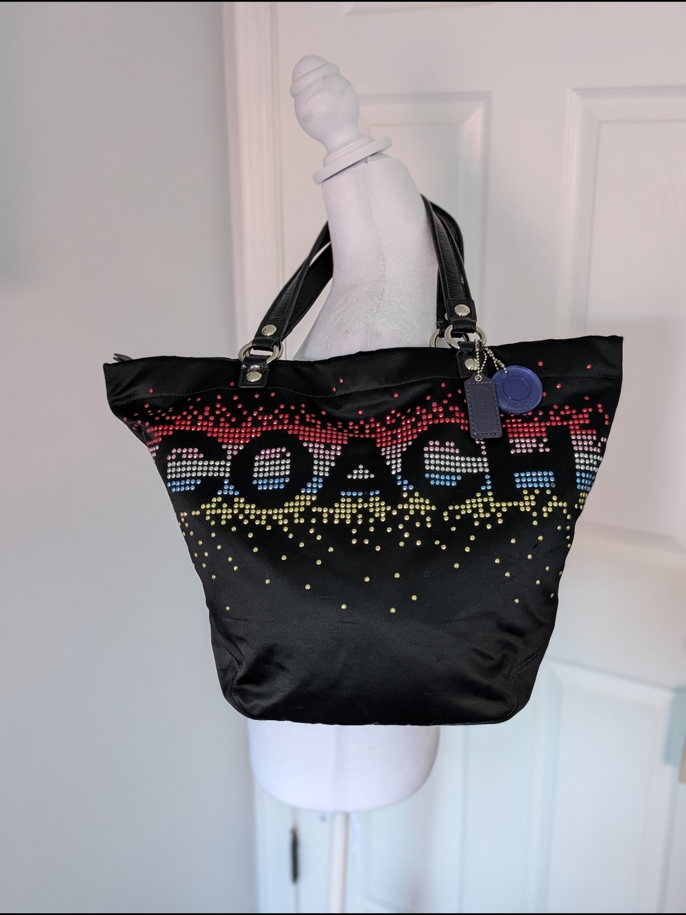Coach Poppy Holiday Edition Large Black Satin Tote with Multicolor Rhinestones